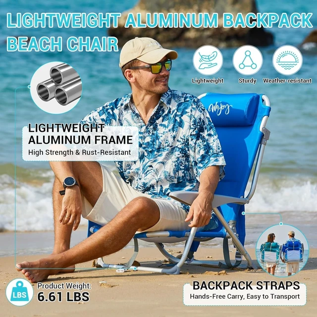 Alt view image 3 of 6 - Beach Chairs for Adults,Adjustable 4 Position for Beach,Lawns | High Back,Lightweight only 6.6 lbs,Reclining,Easy Carrying,25" Wide Seat,Support 400 lbs,with Padded Backpack & Cup Holder