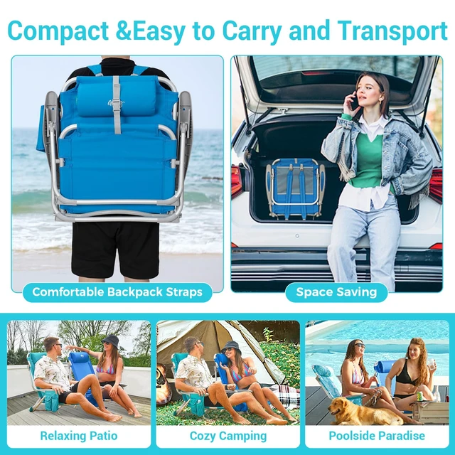 Alt view image 6 of 6 - Beach Chairs for Adults,Adjustable 4 Position for Beach,Lawns | High Back,Lightweight only 6.6 lbs,Reclining,Easy Carrying,25" Wide Seat,Support 400 lbs,with Padded Backpack & Cup Holder