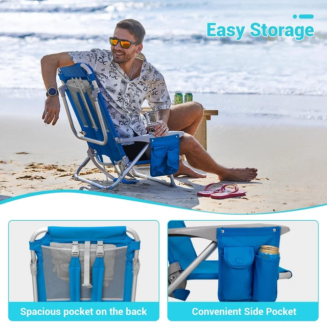 Alt view image 5 of 6 - Beach Chairs for Adults,Adjustable 4 Position for Beach,Lawns | High Back,Lightweight only 6.6 lbs,Reclining,Easy Carrying,25" Wide Seat,Support 400 lbs,with Padded Backpack & Cup Holder
