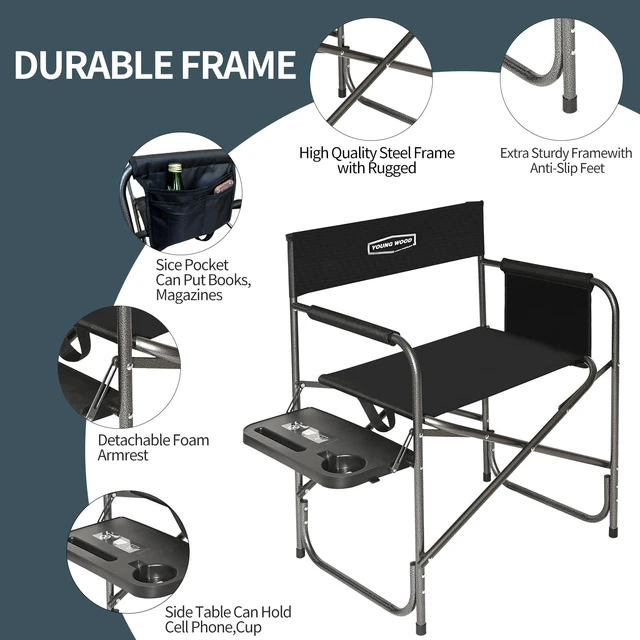 Alt view image 2 of 7 - Camping Directors Chair with Side Table, Foldable and Portable, Fishing,Trip,Picnic,HikeLawn,Sports,Beach,Outdoor Camping Chair for Adults,Drink Holder and Mobile Storage,2p