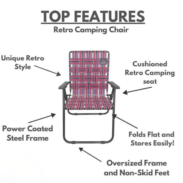 Alt view image 2 of 7 - Retro Webbed Camping Chair - Lightweight, Foldable, Durable Steel Frame, 300lb Capacity, Vintage Red/White/Blue Stripes by Caddis Sports