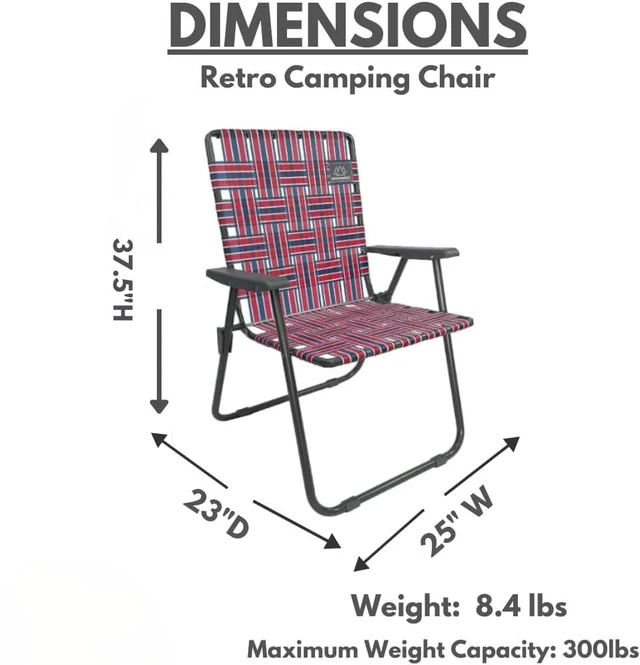 Alt view image 4 of 7 - Retro Webbed Camping Chair - Lightweight, Foldable, Durable Steel Frame, 300lb Capacity, Vintage Red/White/Blue Stripes by Caddis Sports