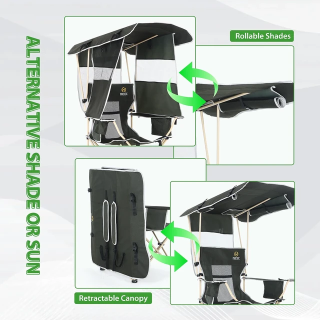 Alt view image 2 of 7 - Canopy Chair with Footrest, Umbrella Camping Chair (1 Pack) | Sports Chair for Adults, With Shade, Removable Footrest, Cooler Bag, Cup Holder, Camping, Fishing, Soccer, Beach, Green