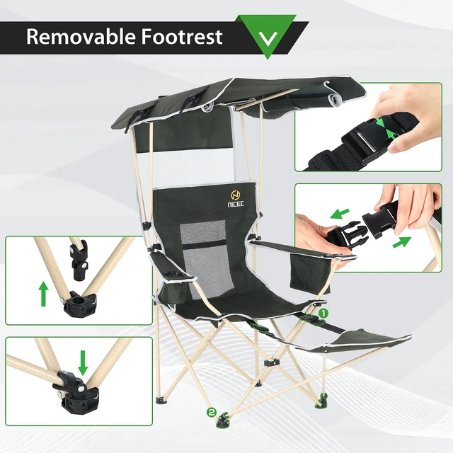 Alt view image 3 of 7 - Canopy Chair with Footrest, Umbrella Camping Chair (1 Pack) | Sports Chair for Adults, With Shade, Removable Footrest, Cooler Bag, Cup Holder, Camping, Fishing, Soccer, Beach, Green