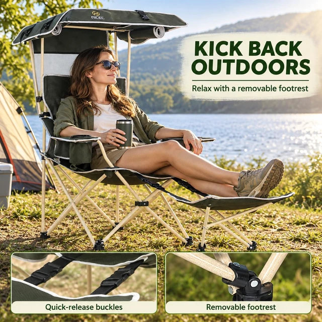 Alt view image 5 of 7 - Canopy Chair with Footrest, Umbrella Camping Chair (1 Pack) | Sports Chair for Adults, With Shade, Removable Footrest, Cooler Bag, Cup Holder, Camping, Fishing, Soccer, Beach, Green