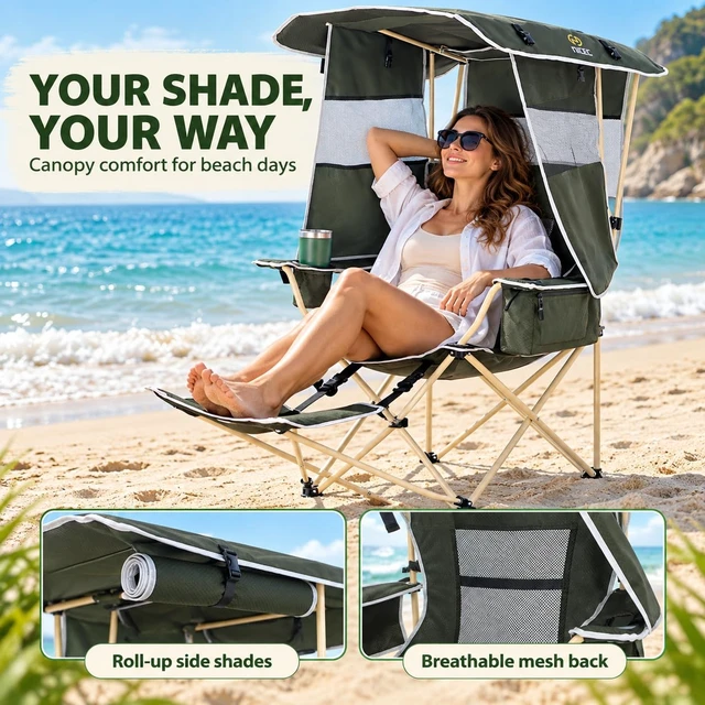 Alt view image 4 of 7 - Canopy Chair with Footrest, Umbrella Camping Chair (1 Pack) | Sports Chair for Adults, With Shade, Removable Footrest, Cooler Bag, Cup Holder, Camping, Fishing, Soccer, Beach, Green