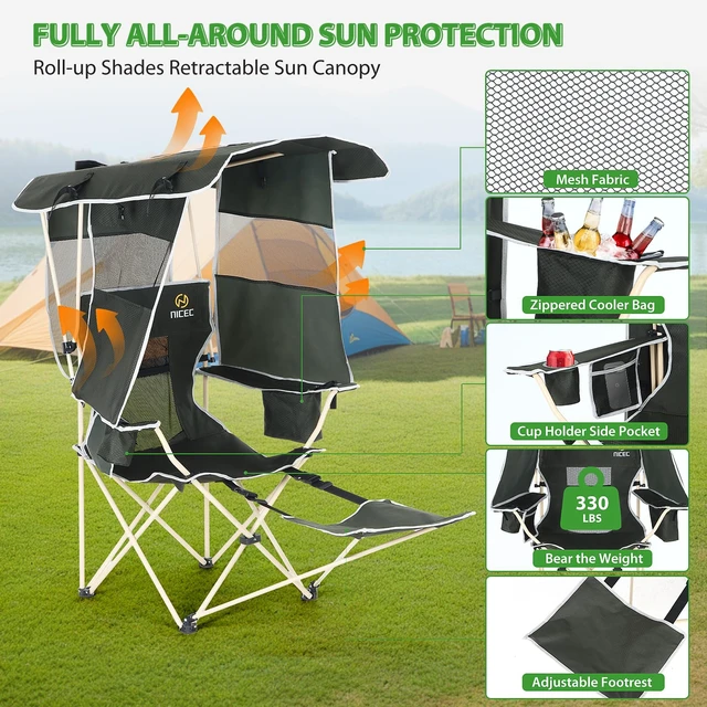 Alt view image 6 of 7 - Canopy Chair with Footrest, Umbrella Camping Chair (1 Pack) | Sports Chair for Adults, With Shade, Removable Footrest, Cooler Bag, Cup Holder, Camping, Fishing, Soccer, Beach, Green