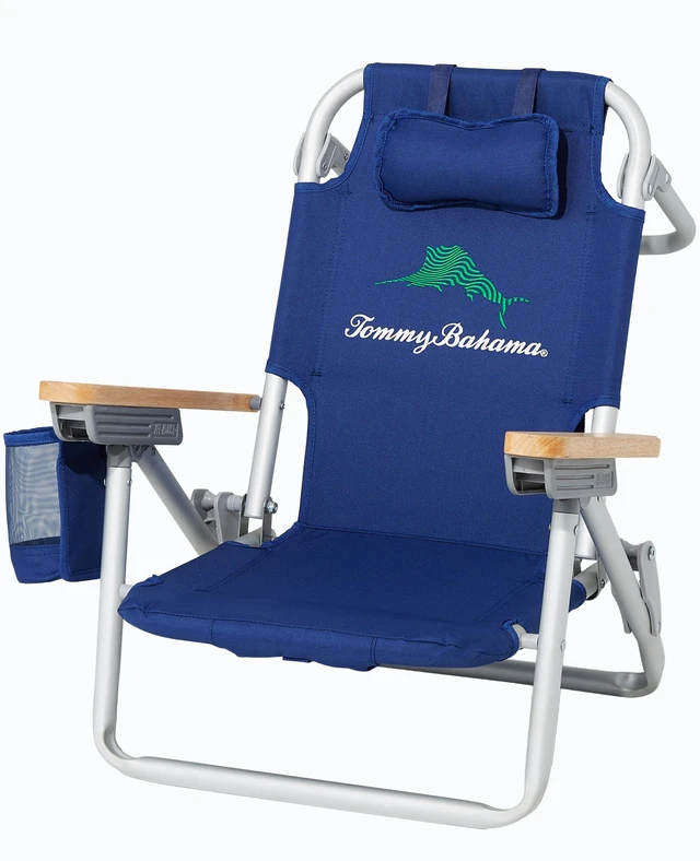 Main image of 5-Position Kids' Lay Flat Beach Chair, Solid Navy Wavy Marlin | 7 in Seat Height, Lay Flat Recline, Backpack Straps, Pillow, Cup Holder, Storage Pouch, Foldable