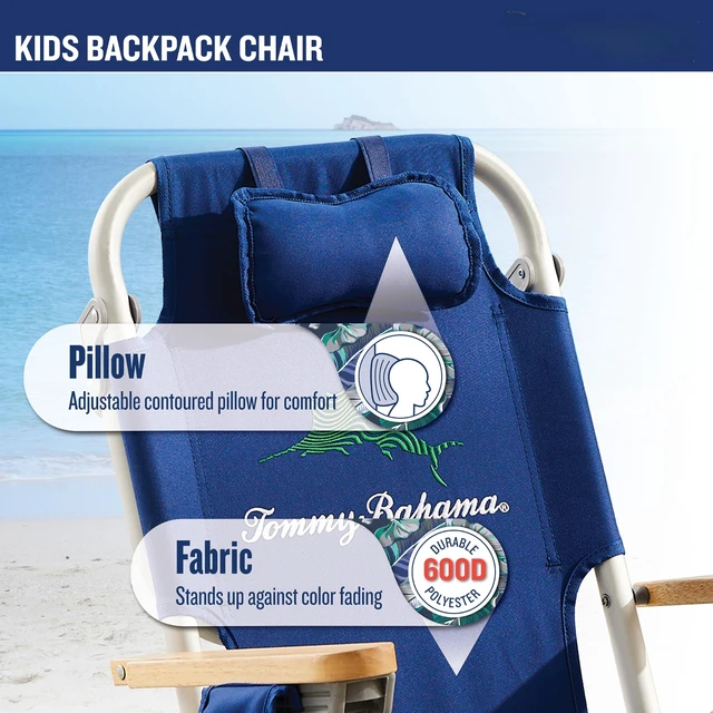 Alt view image 2 of 7 - 5-Position Kids' Lay Flat Beach Chair, Solid Navy Wavy Marlin | 7 in Seat Height, Lay Flat Recline, Backpack Straps, Pillow, Cup Holder, Storage Pouch, Foldable