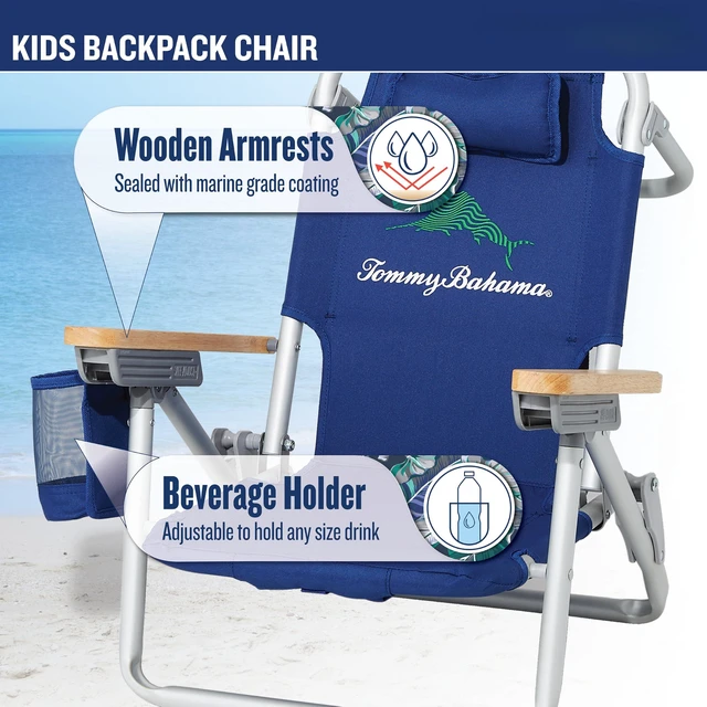 Alt view image 3 of 7 - 5-Position Kids' Lay Flat Beach Chair, Solid Navy Wavy Marlin | 7 in Seat Height, Lay Flat Recline, Backpack Straps, Pillow, Cup Holder, Storage Pouch, Foldable