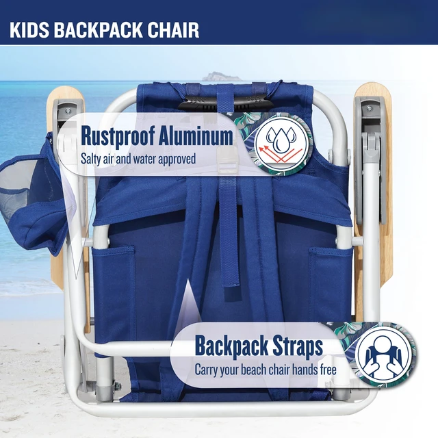 Alt view image 4 of 7 - 5-Position Kids' Lay Flat Beach Chair, Solid Navy Wavy Marlin | 7 in Seat Height, Lay Flat Recline, Backpack Straps, Pillow, Cup Holder, Storage Pouch, Foldable