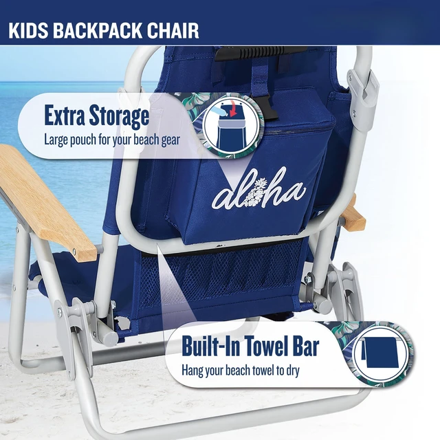 Alt view image 5 of 7 - 5-Position Kids' Lay Flat Beach Chair, Solid Navy Wavy Marlin | 7 in Seat Height, Lay Flat Recline, Backpack Straps, Pillow, Cup Holder, Storage Pouch, Foldable
