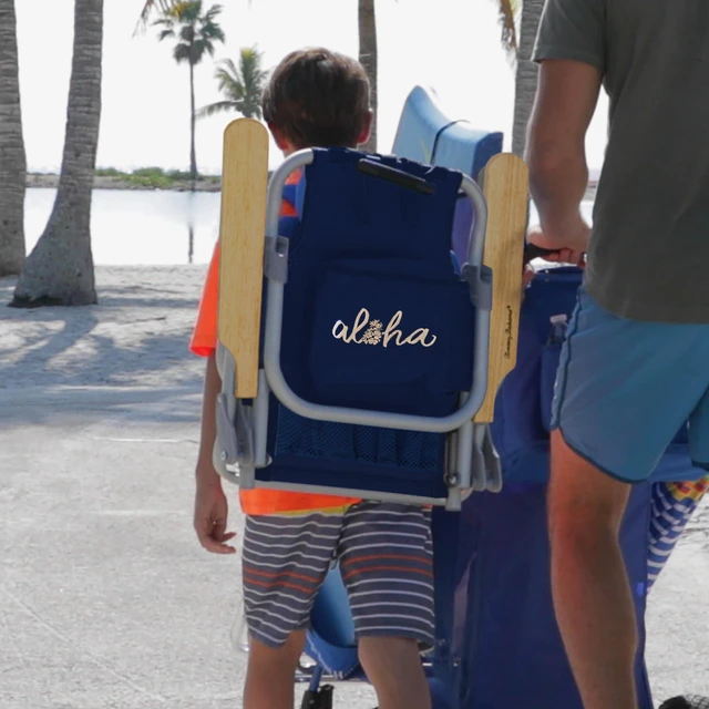 Alt view image 7 of 7 - 5-Position Kids' Lay Flat Beach Chair, Solid Navy Wavy Marlin | 7 in Seat Height, Lay Flat Recline, Backpack Straps, Pillow, Cup Holder, Storage Pouch, Foldable