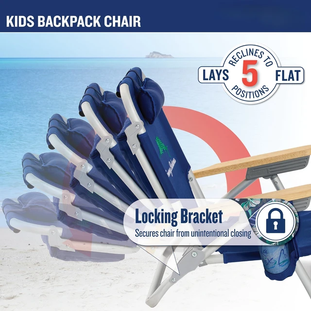 Alt view image 6 of 7 - 5-Position Kids' Lay Flat Beach Chair, Solid Navy Wavy Marlin | 7 in Seat Height, Lay Flat Recline, Backpack Straps, Pillow, Cup Holder, Storage Pouch, Foldable