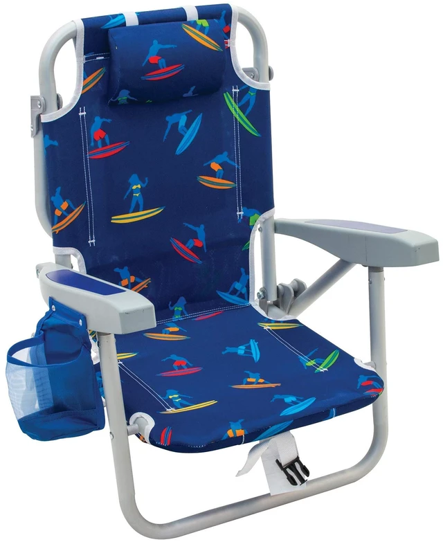 Main image of Rio Brands 5-Position Kids' Lay Flat Beach Chair, Surf Power Surfer | 7 in Seat Height, Backpack Straps, Cup Holder, Storage Pouch, Towel Bar, Wide Molded Arms, Foldable, Weight Capacity: 100 lbs