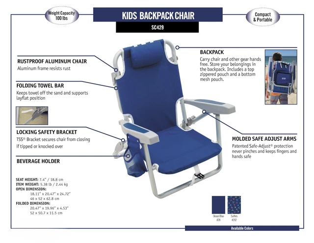 Alt view image 4 of 7 - Rio Brands 5-Position Kids' Lay Flat Beach Chair, Surf Power Surfer | 7 in Seat Height, Backpack Straps, Cup Holder, Storage Pouch, Towel Bar, Wide Molded Arms, Foldable, Weight Capacity: 100 lbs