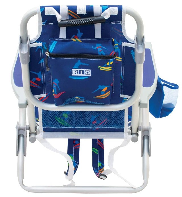 Alt view image 6 of 7 - Rio Brands 5-Position Kids' Lay Flat Beach Chair, Surf Power Surfer | 7 in Seat Height, Backpack Straps, Cup Holder, Storage Pouch, Towel Bar, Wide Molded Arms, Foldable, Weight Capacity: 100 lbs