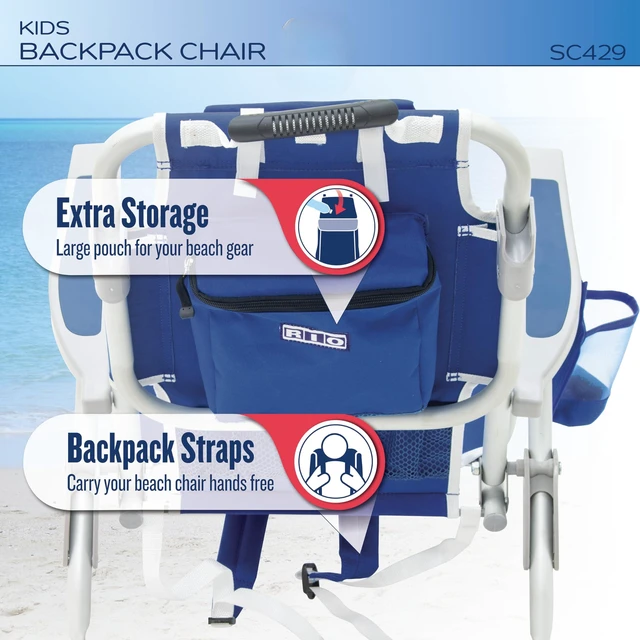 Alt view image 3 of 7 - Rio Brands 5-Position Kids' Lay Flat Beach Chair, Surf Power Surfer | 7 in Seat Height, Backpack Straps, Cup Holder, Storage Pouch, Towel Bar, Wide Molded Arms, Foldable, Weight Capacity: 100 lbs