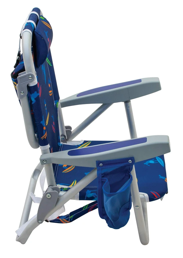 Alt view image 7 of 7 - Rio Brands 5-Position Kids' Lay Flat Beach Chair, Surf Power Surfer | 7 in Seat Height, Backpack Straps, Cup Holder, Storage Pouch, Towel Bar, Wide Molded Arms, Foldable, Weight Capacity: 100 lbs