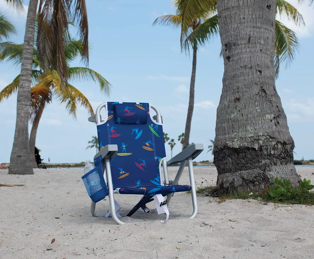 Alt view image 5 of 7 - Rio Brands 5-Position Kids' Lay Flat Beach Chair, Surf Power Surfer | 7 in Seat Height, Backpack Straps, Cup Holder, Storage Pouch, Towel Bar, Wide Molded Arms, Foldable, Weight Capacity: 100 lbs