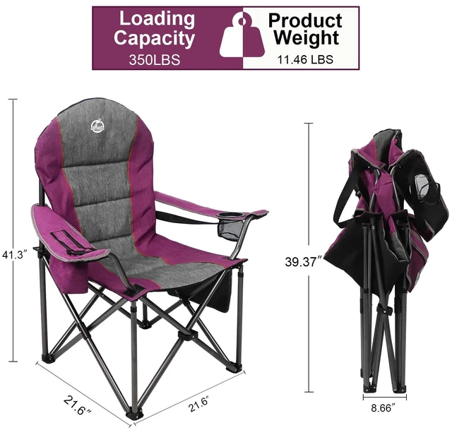 Alt view image 2 of 6 - Oversized Portable Camping Chair, Full Padded Outdoor Folding Chair Support 350 LBS, Heavy Duty Lawn Chair with Cup Holder, Cooler Bag, Lumbar Support, Head Pocket for Adult (Purple)