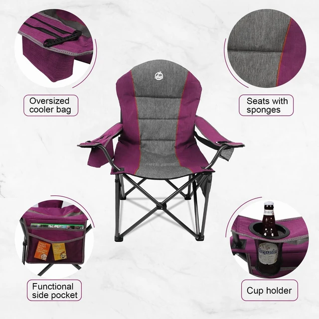 Alt view image 3 of 6 - Oversized Portable Camping Chair, Full Padded Outdoor Folding Chair Support 350 LBS, Heavy Duty Lawn Chair with Cup Holder, Cooler Bag, Lumbar Support, Head Pocket for Adult (Purple)