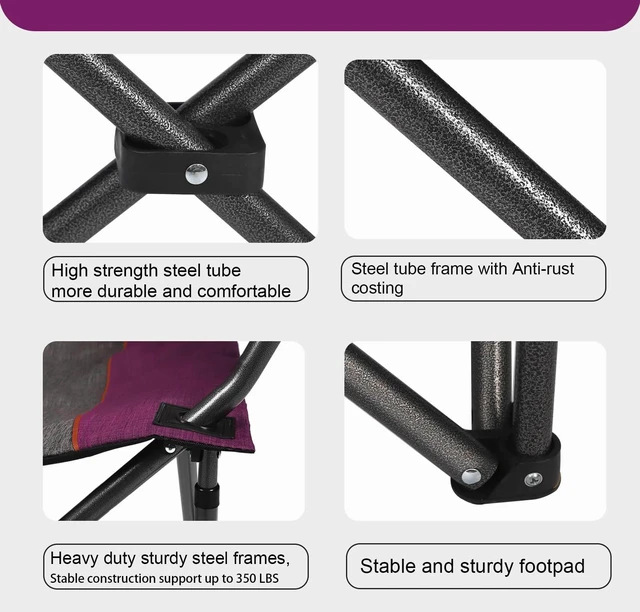 Alt view image 5 of 6 - Oversized Portable Camping Chair, Full Padded Outdoor Folding Chair Support 350 LBS, Heavy Duty Lawn Chair with Cup Holder, Cooler Bag, Lumbar Support, Head Pocket for Adult (Purple)