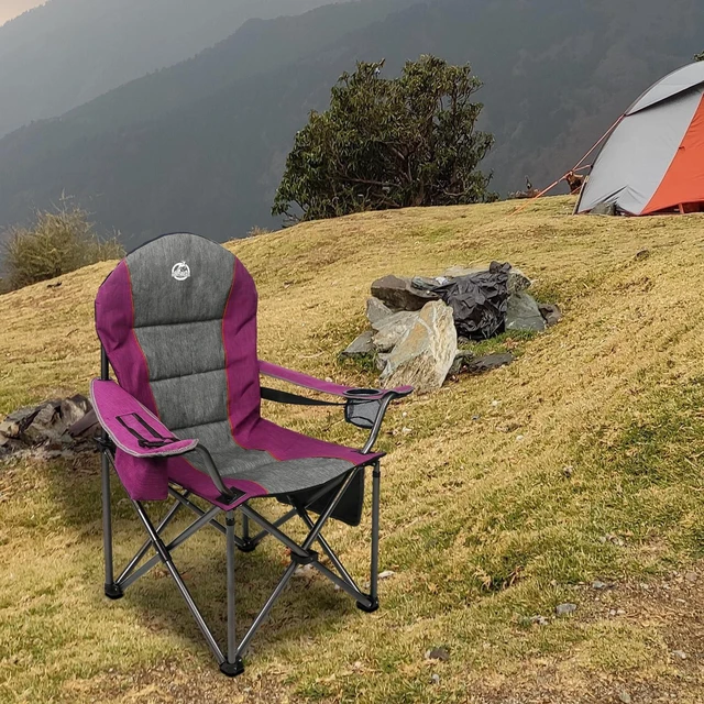 Alt view image 6 of 6 - Oversized Portable Camping Chair, Full Padded Outdoor Folding Chair Support 350 LBS, Heavy Duty Lawn Chair with Cup Holder, Cooler Bag, Lumbar Support, Head Pocket for Adult (Purple)