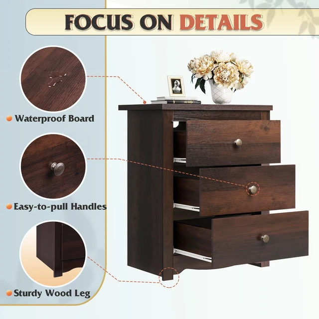 Alt view image 6 of 7 - Tall Nightstand with Charging Station, Wood Night Stand with 3 Drawers Storage, Bedside Table End Side Tables with 2 USB Ports and Outlets for Bedroom, Closet, Espresso