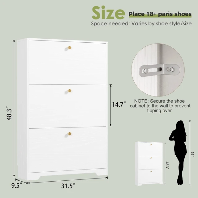Alt view image 8 of 12 - Shoe Cabinet with 3 Flip Drawers, Narrow Shoe Organizer Cabinet, Freestanding Shoe Rack Cabinet, Modern Shoe Storage Cabinet for Entryway, Hallway, Foyer, White