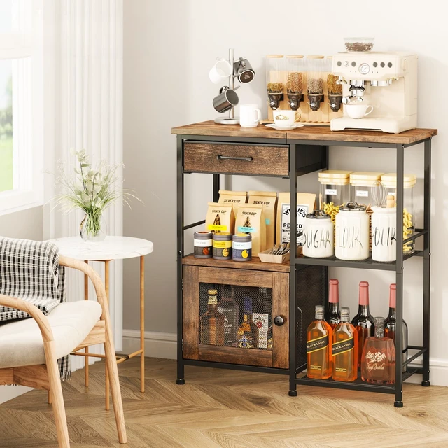 Alt view image 2 of 7 - Coffee Bar Cabinet for Home - Farmhouse Coffee Stand Station Multi-Purpose Buffet Sideboard Cabinet with Drawers - Kitchen Bar Table for Living Room, Corner, Small Space, Espresso