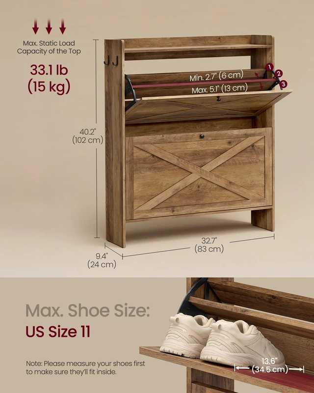 Alt view image 4 of 5 - Narrow Shoe Storage Cabinet Organizer with 2 Flip Drawers | Freestanding Shoe Rack, Fits 14 to 16 Pairs, for Entryway, Farmhouse Style, Honey Brown, HAINS Collection UHSC203KB01S