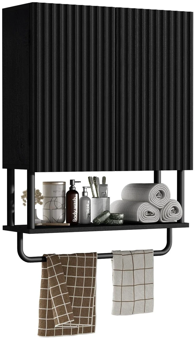 Main image of Fluted Bathroom Wall Cabinet with 2 Doors, 3-Tier Medicine Cabinet | Modern Farmhouse Wall Mounted Cabinets, Over The Toilet Storage Cabinet, Adjustable Shelf and Towel Bar, Medium