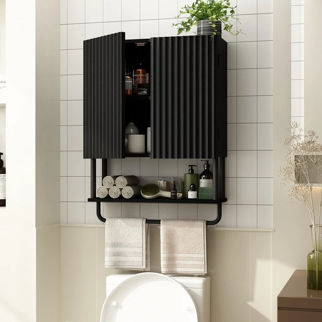 Alt view image 2 of 7 - Fluted Bathroom Wall Cabinet with 2 Doors, 3-Tier Medicine Cabinet | Modern Farmhouse Wall Mounted Cabinets, Over The Toilet Storage Cabinet, Adjustable Shelf and Towel Bar, Medium