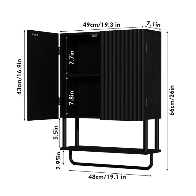 Alt view image 3 of 7 - Fluted Bathroom Wall Cabinet with 2 Doors, 3-Tier Medicine Cabinet | Modern Farmhouse Wall Mounted Cabinets, Over The Toilet Storage Cabinet, Adjustable Shelf and Towel Bar, Medium