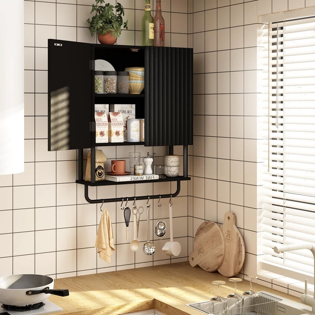 Alt view image 4 of 7 - Fluted Bathroom Wall Cabinet with 2 Doors, 3-Tier Medicine Cabinet | Modern Farmhouse Wall Mounted Cabinets, Over The Toilet Storage Cabinet, Adjustable Shelf and Towel Bar, Medium