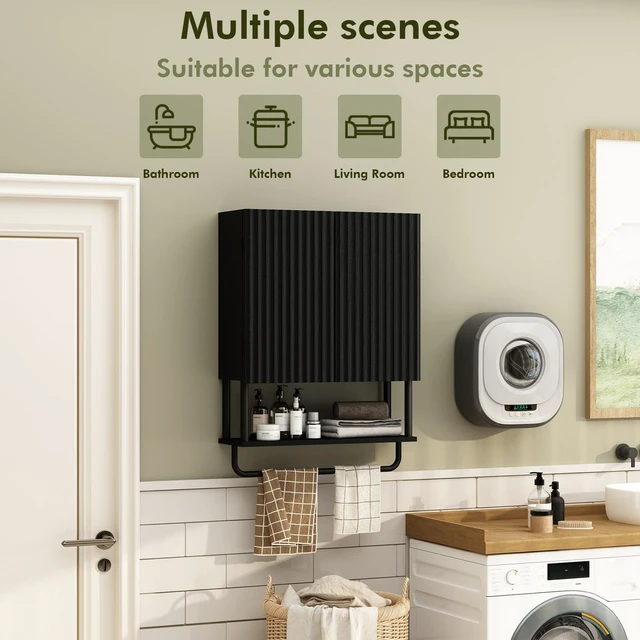 Alt view image 5 of 7 - Fluted Bathroom Wall Cabinet with 2 Doors, 3-Tier Medicine Cabinet | Modern Farmhouse Wall Mounted Cabinets, Over The Toilet Storage Cabinet, Adjustable Shelf and Towel Bar, Medium
