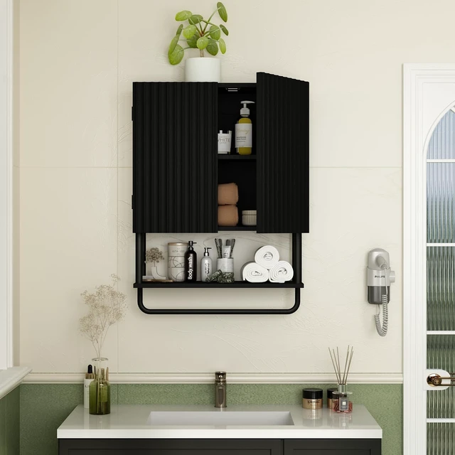 Alt view image 6 of 7 - Fluted Bathroom Wall Cabinet with 2 Doors, 3-Tier Medicine Cabinet | Modern Farmhouse Wall Mounted Cabinets, Over The Toilet Storage Cabinet, Adjustable Shelf and Towel Bar, Medium