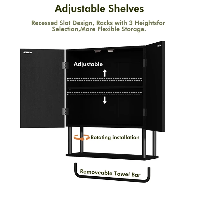 Alt view image 7 of 7 - Fluted Bathroom Wall Cabinet with 2 Doors, 3-Tier Medicine Cabinet | Modern Farmhouse Wall Mounted Cabinets, Over The Toilet Storage Cabinet, Adjustable Shelf and Towel Bar, Medium