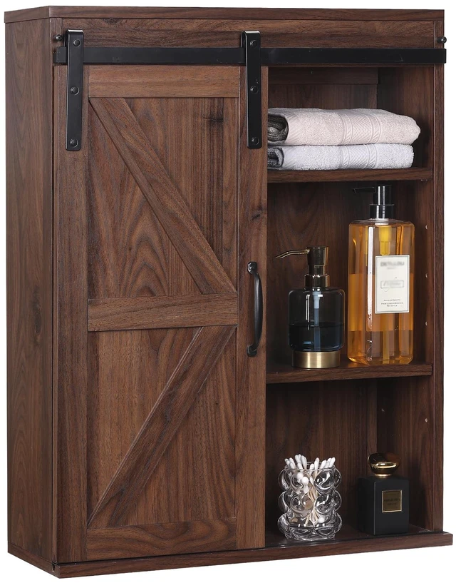 Main image of Farmhouse Bathroom Wall Cabinet with Sliding Barn Door | Rustic Medicine Cabinet with Adjustable Shelf, 3-Tier Vintage Storage Cabinet for Kitchen, Bathroom, Laundry, Living Room
