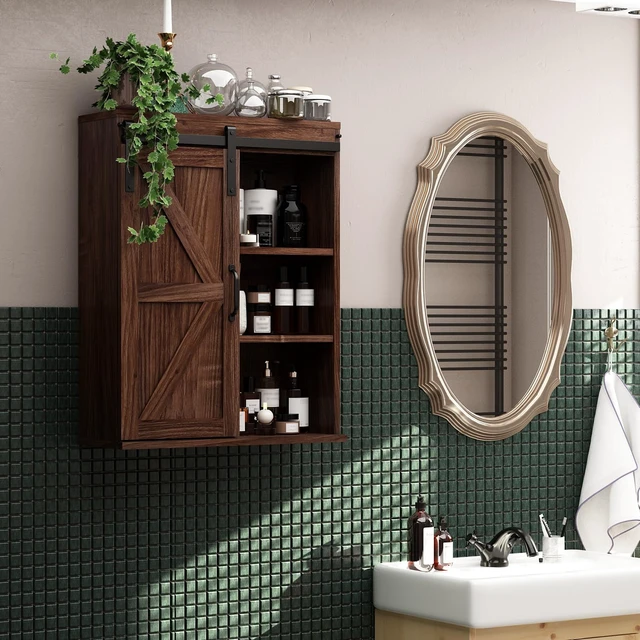 Alt view image 2 of 7 - Farmhouse Bathroom Wall Cabinet with Sliding Barn Door | Rustic Medicine Cabinet with Adjustable Shelf, 3-Tier Vintage Storage Cabinet for Kitchen, Bathroom, Laundry, Living Room