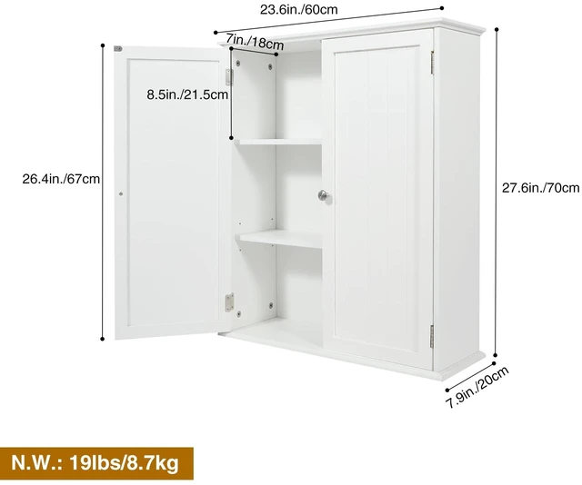 Alt view image 2 of 7 - 27.6in Length Bathroom Cabinet Wall Mounted | Over Toilet Storage Cabinet with 2 Doors and Adjustable Shelves,Wood Medicine Cabinet for Bathroom, White