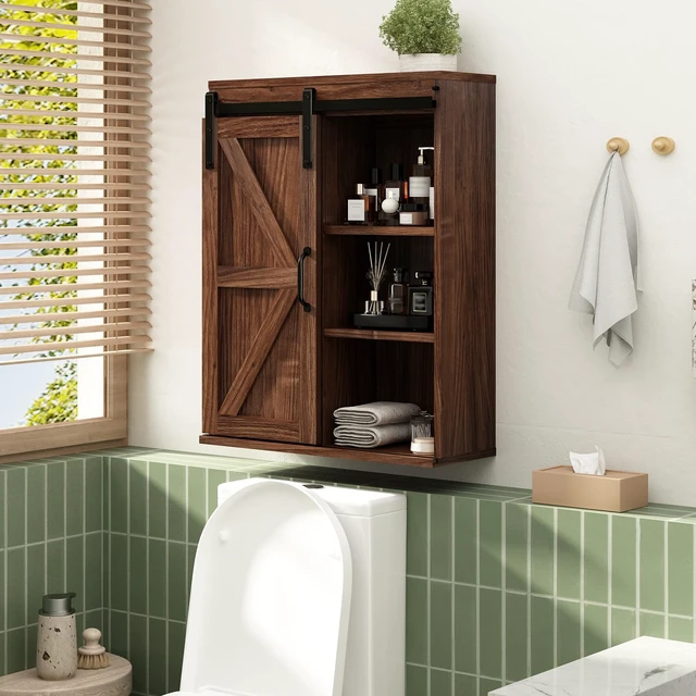 Alt view image 3 of 7 - Farmhouse Bathroom Wall Cabinet with Sliding Barn Door | Rustic Medicine Cabinet with Adjustable Shelf, 3-Tier Vintage Storage Cabinet for Kitchen, Bathroom, Laundry, Living Room