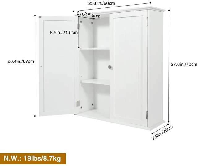 Alt view image 3 of 7 - 27.6in Length Bathroom Cabinet Wall Mounted | Over Toilet Storage Cabinet with 2 Doors and Adjustable Shelves,Wood Medicine Cabinet for Bathroom, White