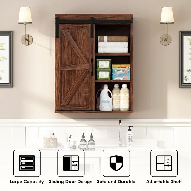 Alt view image 5 of 7 - Farmhouse Bathroom Wall Cabinet with Sliding Barn Door | Rustic Medicine Cabinet with Adjustable Shelf, 3-Tier Vintage Storage Cabinet for Kitchen, Bathroom, Laundry, Living Room