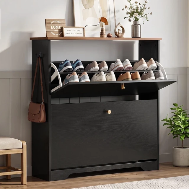 Main image of Shoe Cabinet, 2 Flip Drawers Slim Black Walnut Top Entry Storage | 9.5In Slim MDF, Walnut Top, Holds Up To 12 Pairs, Fits US Men Size 12, Removable Shelves, Soft Close Flip, Anti-Tip Bracket