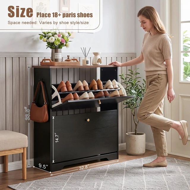 Alt view image 2 of 7 - Shoe Cabinet, 2 Flip Drawers Slim Black Walnut Top Entry Storage | 9.5In Slim MDF, Walnut Top, Holds Up To 12 Pairs, Fits US Men Size 12, Removable Shelves, Soft Close Flip, Anti-Tip Bracket