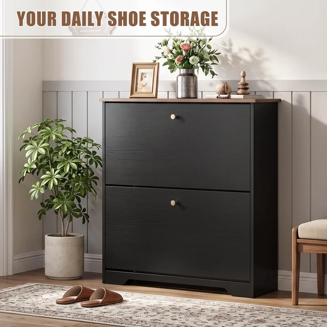 Alt view image 3 of 7 - Shoe Cabinet, 2 Flip Drawers Slim Black Walnut Top Entry Storage | 9.5In Slim MDF, Walnut Top, Holds Up To 12 Pairs, Fits US Men Size 12, Removable Shelves, Soft Close Flip, Anti-Tip Bracket