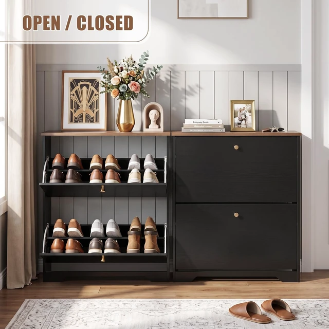 Alt view image 5 of 7 - Shoe Cabinet, 2 Flip Drawers Slim Black Walnut Top Entry Storage | 9.5In Slim MDF, Walnut Top, Holds Up To 12 Pairs, Fits US Men Size 12, Removable Shelves, Soft Close Flip, Anti-Tip Bracket