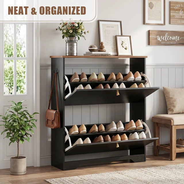 Alt view image 4 of 7 - Shoe Cabinet, 2 Flip Drawers Slim Black Walnut Top Entry Storage | 9.5In Slim MDF, Walnut Top, Holds Up To 12 Pairs, Fits US Men Size 12, Removable Shelves, Soft Close Flip, Anti-Tip Bracket